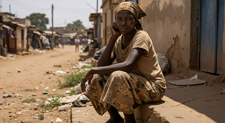 A weary African woman sits on a doorstep in a dusty, impoverished village street, looking at the camera with a somber expression.