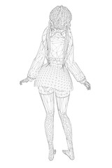 A girl in a wireframe dress with outstretched arms stands against a white background. The intricate design is composed of various geometric shapes and lines forming the skirt.