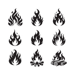 Nine Black Silhouette Icons of Flames and Campfires on White Background bonfire