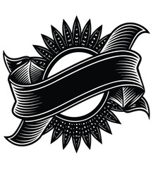 Vintage Emblem with Ribbon: A classic black and white emblem features an intricate design, showcasing a central circular element framed by a decorative floral burst.