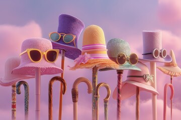 Array of Pixelated Hats and Canes Against a Dreamy Pink Sky Backdrop