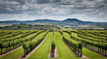 Fototapeta premium vineyard. Serene vineyard landscape with orderly grapevine rows under natural sunlight, evoking tranquility and growth. travel magazines.