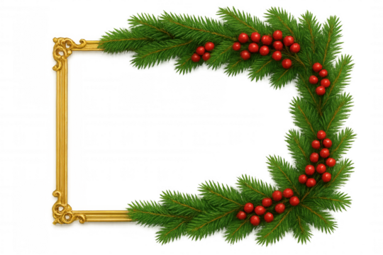 Ornate gold frame with fir branches and red berries creating festive christmas holiday border on transparent background