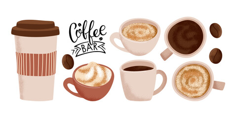 Coffee Bar. Variants of different coffee recipes. Whipped drink, black. Cups, mag, take away cup, beans on white background. Banner, logo, coffee shop poster, restaurant, company, cafe. Breaking time