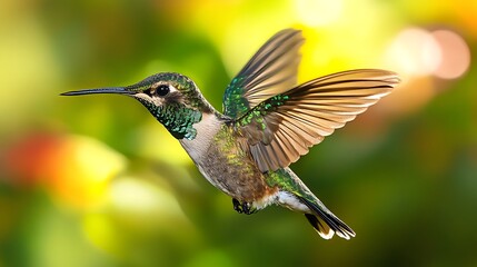 Fototapeta premium A hummingbird hovering mid air with its wings spread against a blurred green background outdoors