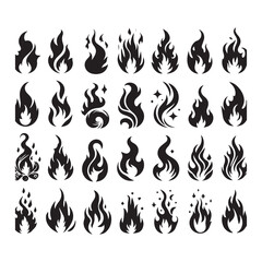Thirty Black Stylized Fire Flame Icons and Symbols on White Background heat