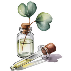 Watercolor illustration of essential oil bottle dropper and fresh eucalyptus leaves