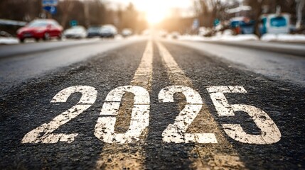 Asphalt road with the year 2025 painted in white, receding into the distance as vehicles blur, symbolizing future travel, planning, and upcoming opportunities under a bright sun