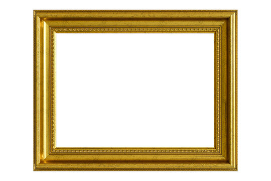 Gold frame for a picture in a classic baroque style on a white blank background. 