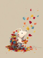 hedgehog with autumn leaves
