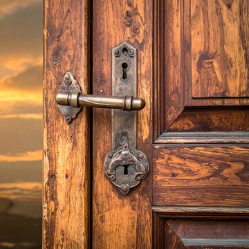 Ornate brass door handle on rich, dark wood door; sunset reflected