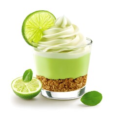 Photo of a lime dessert in a glass cup topped with whipped cream and garnish
