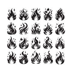 Twenty Black Stylized Fire Flame Icons with Sparkles and Swirls on White Background symbol heat