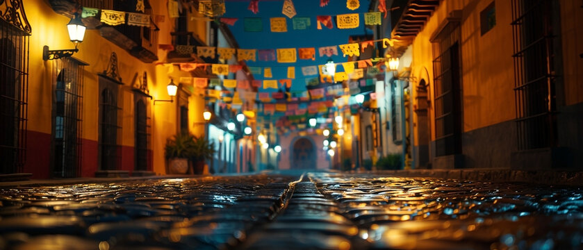 Illuminated evening stroll: Colorful flags and cobblestone streets in Mexico - Powered by Adobe