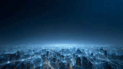 Complex network of connections spreading over a futuristic city at night, symbolizing global communication and data flow in the digital age - Powered by Adobe