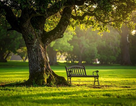 Serene park scene, sunlit bench beneath a large tree