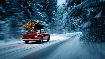 Red vintage car driving fast on a winding snowy road through a winter forest, carrying a decorated christmas tree on its roof, heading home for the holidays