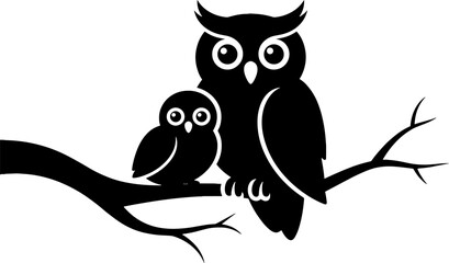 Naklejka premium Black silhouette of an adult owl and baby owl perched on a tree branch nature wildlife design for tattoos and coloring