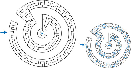 Simple black line spiral maze for kids. Flat vector illustration isolated on white background with solution path. Educational logic puzzle game.