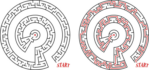 Simple black line spiral maze for kids. Flat vector illustration isolated on white background with solution path. Educational logic puzzle game.