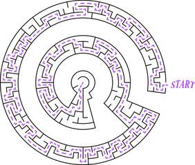 Simple black line spiral maze for kids. Flat vector illustration isolated on white background with solution path. Educational logic puzzle game.