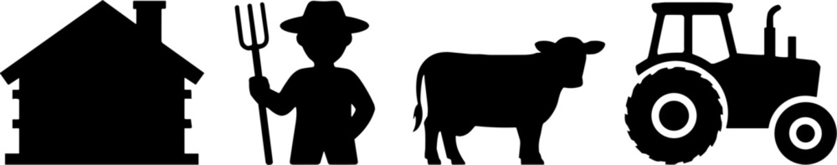 Farmhouse Farmer Cow Tractor Agriculture Silhouette Illustration