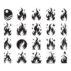 Twenty-five stylized black icons of fire flames and abstract shapes on a white background Keywords: fire, flame, icon, symbol, heat, burn, energy, power, danger, warmth, hot, blaze, inferno