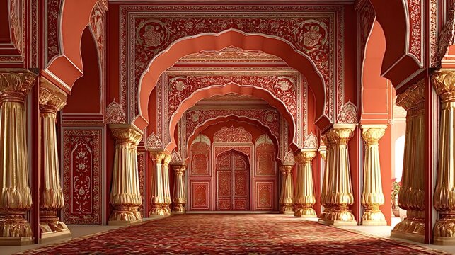 Indian palace interior hallway with ornate red and gold patterns, repeating decorative arches and gilded pillars guiding the view toward intricately carved royal doors