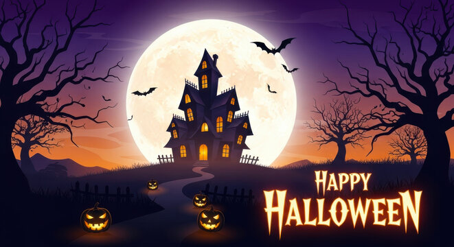 Happy halloween spooky haunted castle with full moon and pumpkins in the foreground, bats flying in the night sky