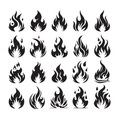Variety of Black Silhouette Fire Flame Icons and Abstract Designs on White Background Keywords: fire, flame, burn, heat, energy, power, inferno, bonfire, torch, icon, symbol, graphic, design