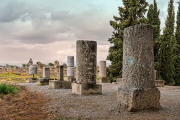 Ancient column fragments and bases at Ephesus archaeological site, Selcuk, Turkey. Cloudy sky over historical ruins and cypress trees