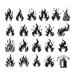 Variety of black stylized flame icons and a spray can with flames on a white background Keywords: fire, flame, bonfire, campfire, heat, energy, burning, blaze, ignition, inferno, hot, icon, symbol