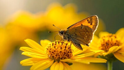 A butterfly with rich, warm tones rests delicately on a vibrant yellow flower, bathed in sunlight.