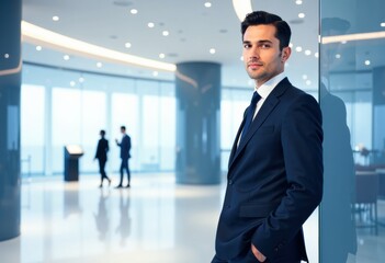 Credit manager standing confidently beside a modern banking area