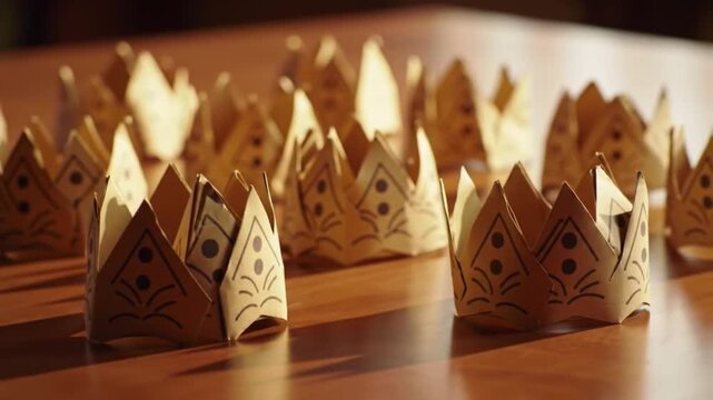 A collection of small, handmade paper crowns with decorative patterns arranged in rows on a wooden tabletop.