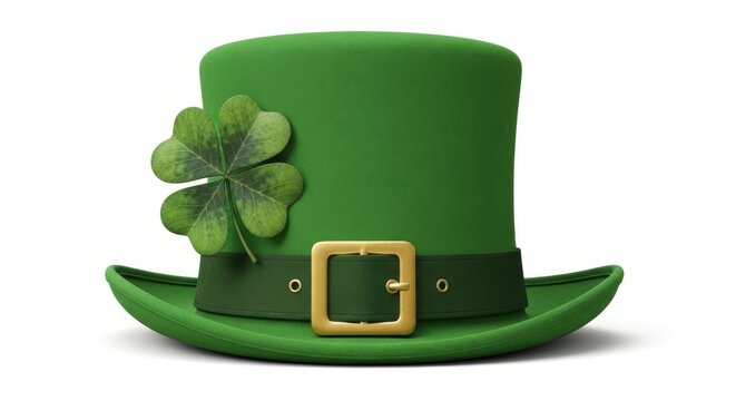 St Patricks Day green leprechaun hat with four leaf clover lucky charm