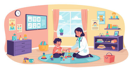 Obraz premium Pediatrician Engaging Playfully with a Young Patient in a Cheerful Clinic Setting