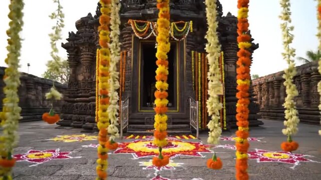 An ancient stone temple decorated with hanging marigold flower garlands and floral rangoli for a festival.