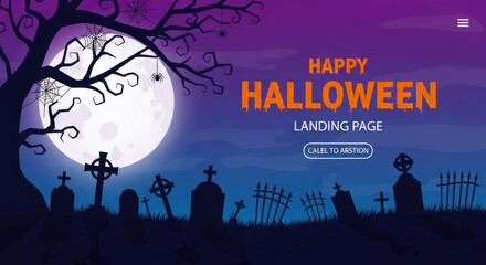 Happy halloween landing page with a graveyard, moon, and spooky tree silhouette