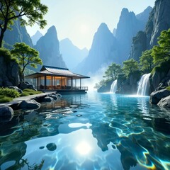 Small waterfront structures amidst mountains and waters