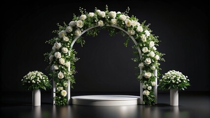 White Floral Display Podium with Arch on Black Background
