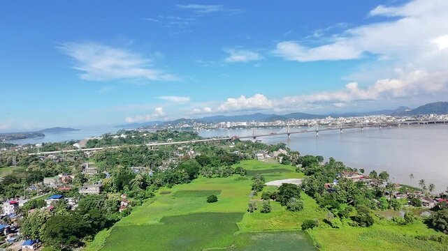 cinematic view of new Guwahati bridge over Brahmaputra river between Guwahati city and north guwahati 