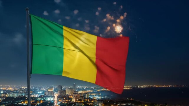 vibrant display of fireworks lights up night sky over cityscape, highlighting prominent mali flag. national celebration, independence day, holiday. greeting card, event promotion.