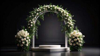 White Floral Display Podium with Arch on Black Background
