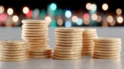 Stacks Of Golden Coins On Gray Surface With Bokeh Background Reflecting Financial Growth Concept