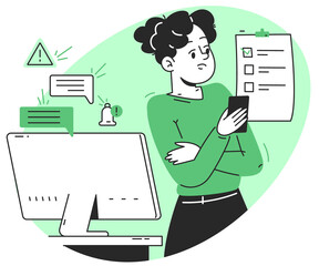 Concerned Woman Checking Mobile Phone Near Computer And Checklist With Green And White Color Scheme