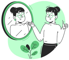 Woman Reflecting in Mirror with Optimistic Gesture and Green Plant in a Transparent Background