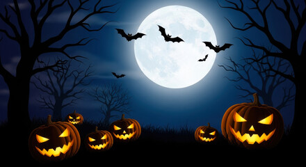 Jackolanterns and bats flying in front of a large full moon on halloween night