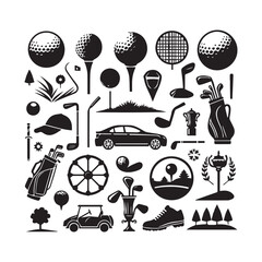 A black silhouette collage of golf elements including clubs balls a car golf cart and a building on a white background Keywords: golf, sport, equipment, icon, silhouette, car, golf cart, building