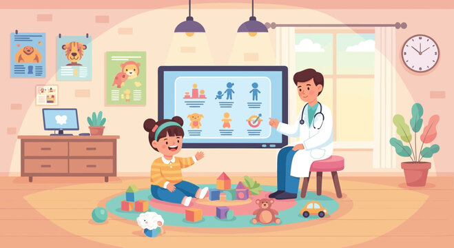 Pediatrician Explaining Child Development Milestones to a Cheerful Little Girl